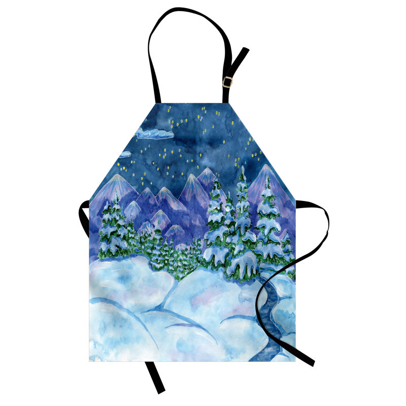 Tablier de Noël Dakota Fields unisexe vue d'hiver neige sur arbres taille adulte bleu violet et vert