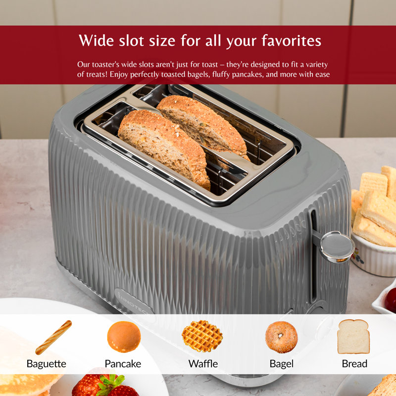 2 Slice Toaster in Glossy Ridged Textured Body and Stainless Steel Mechanism, Grey