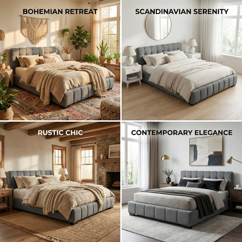 Multi-Sizes EU & UK Upholstered Bed, Modern Cloud Low-Height Bed Frame with Padded Flange Edge & Embedded Design, Beige/Grey Linen