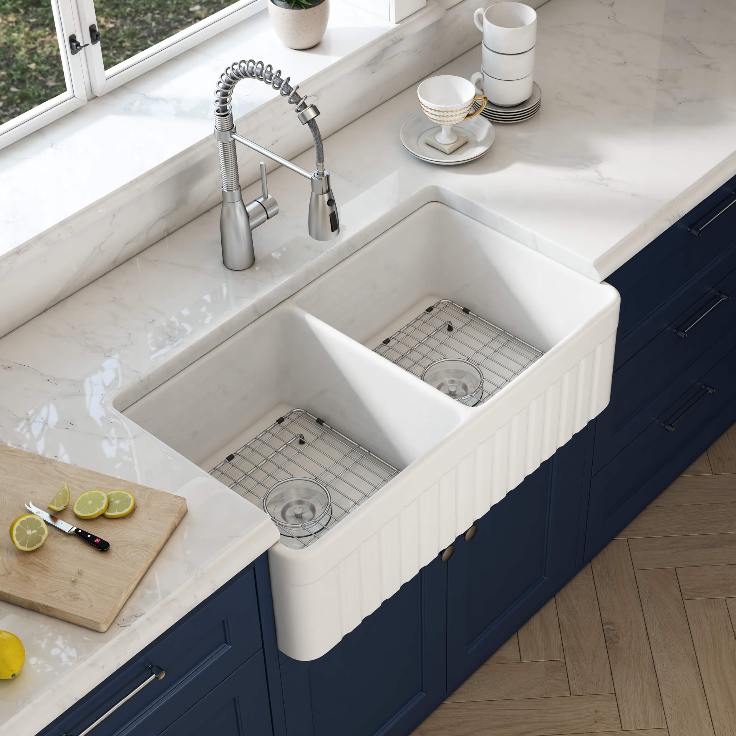 Pdpbath 33'' L Farmhouse / Apron Double Bowl Ceramic Kitchen Sink