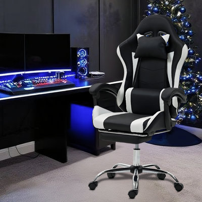 Gaming Chair with Massage Lumbar Support Ergonomic Video Game Chair for Adults, Adjustable Headrest & Footrest, 90-135° Recline, 360° Swivel, White