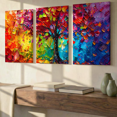 Ensemble exclusif de 3 toiles panoramiques vibrantes, représentant un arbre arc-en-ciel en impasto coloré. Décoration murale idéale pour le salon, la chambre à coucher et le bureau.