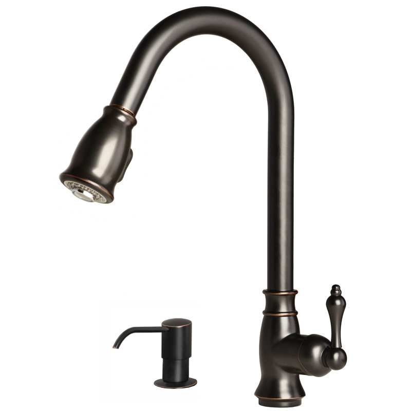 Robinet de cuisine rétractable à poignée simple avec distributeur de savon, Bronze huilé, Avec distributeur de savon