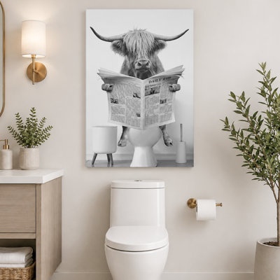 Funny Bathroom Decor Black and White Highland Cow Sit On Toilet Large Framed Canvas Print Wall Art