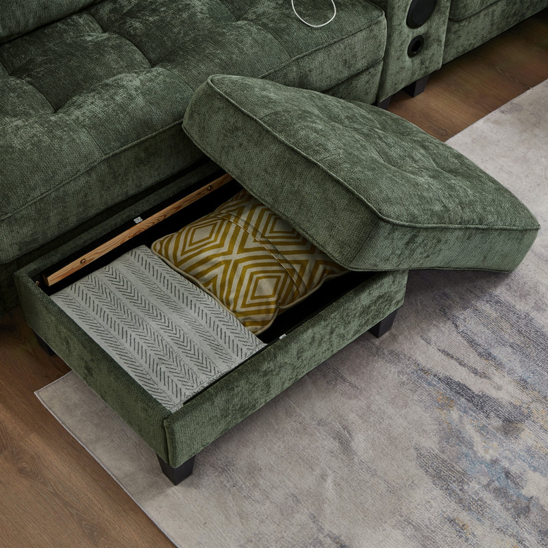 126" Modern Multifunctional Sectional Sofa With Bluetooth Speakers And RGB LED Lighting, Green Chenille
