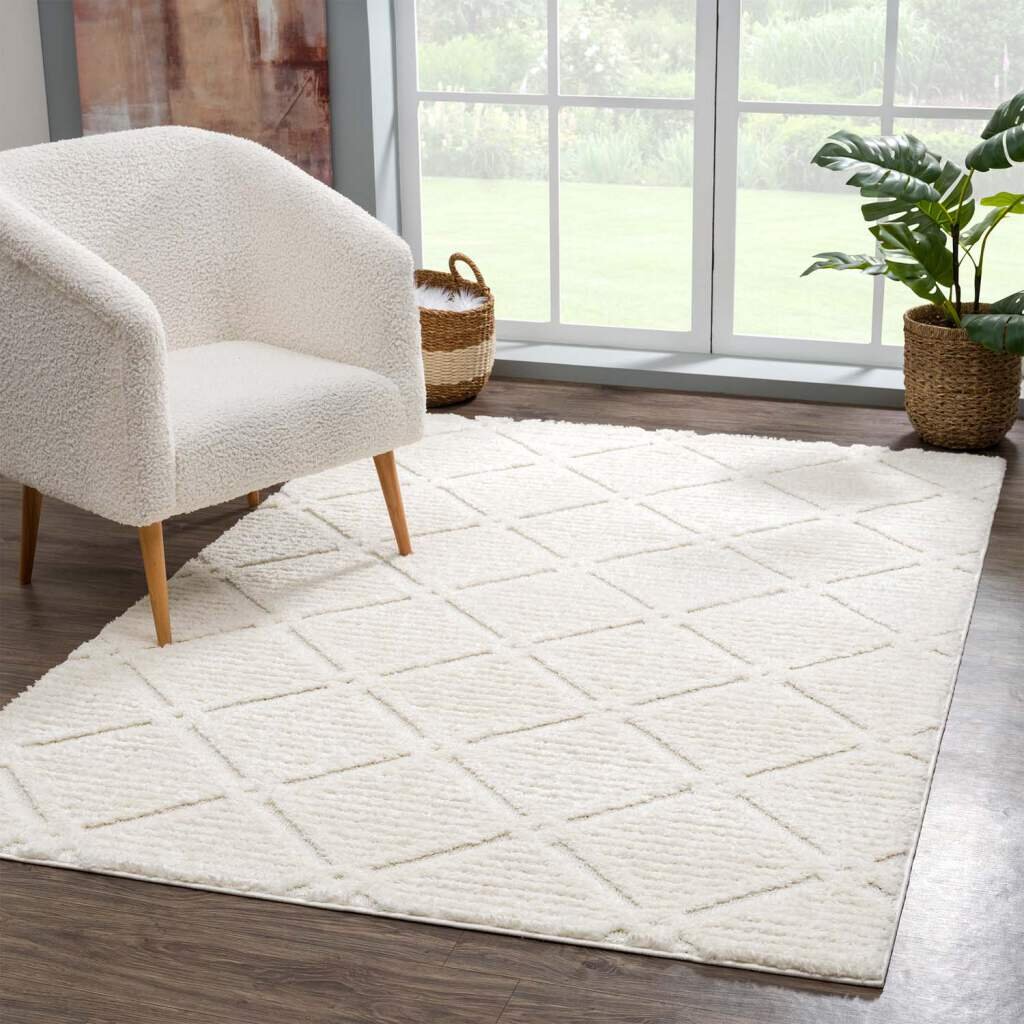 Teppich Focus 2997 Hochflor Boho Wohnzimmer Creme, Graublau Hochtief-Muster/ 3D-Effekt Rautenmuster Geismar