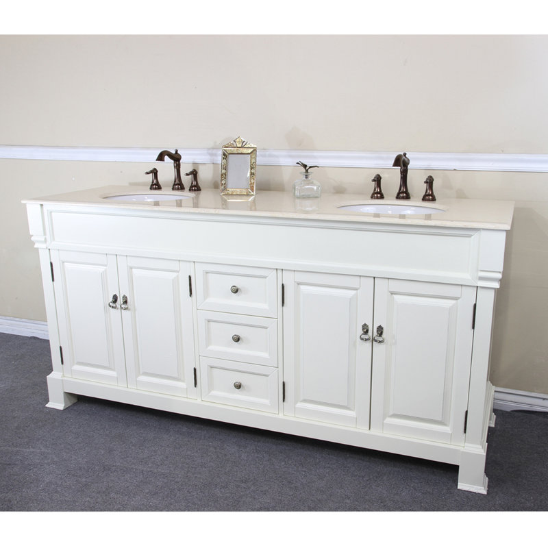 Olivia 72'' Double Bathroom Vanity with Top, White, Cream Marble