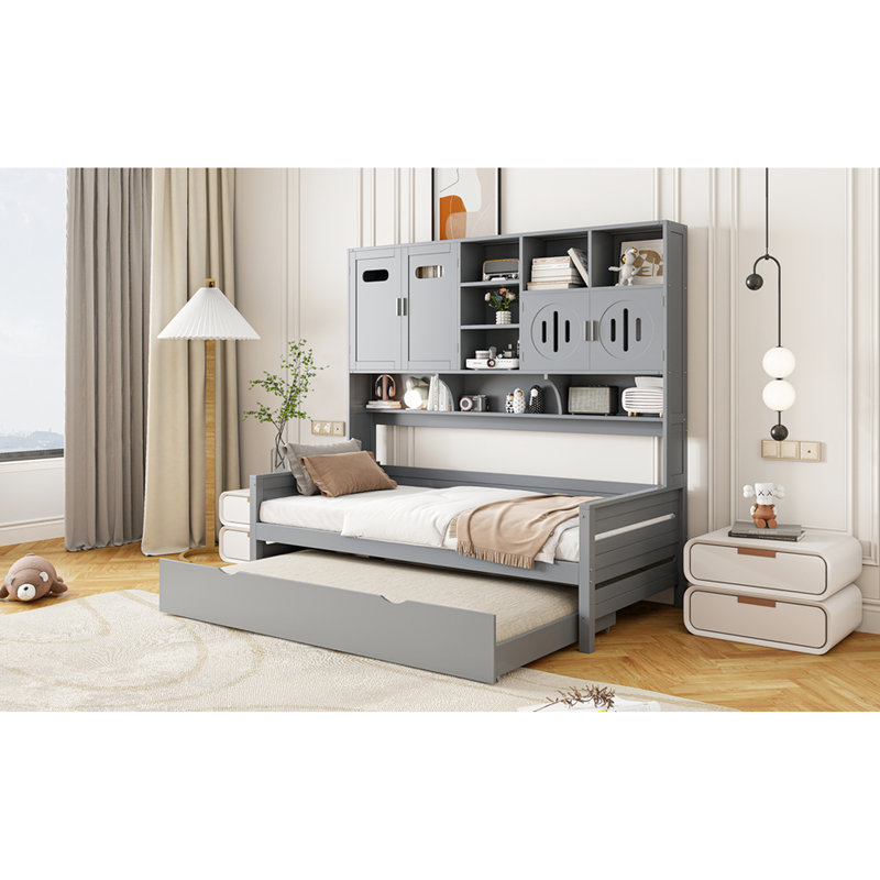 Lit de jour gris simple avec couchette et armoire / tablette - Abat-jour en bois robuste et fonctionnel, structure d'armoire fonctionnelle