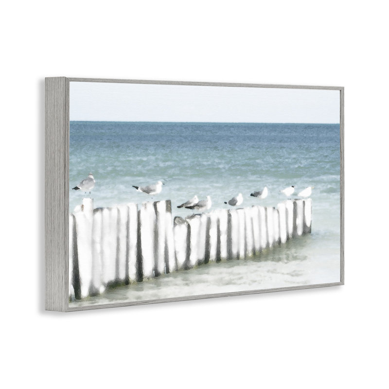 «Gulls Waiting Beach Scene», giclée encadrée, design par Noah Bay, Gris, H 12 po x l 18 po