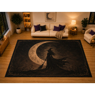 Tapis en forme de croissant de lune de style sorcière de 6 pi 7 po x 9 pi 10 po «Ultra Léger» pour chambre à coucher de chambre à coucher, envers antidérapant doux à poils courts, décoration mystique d'Halloween brun noir