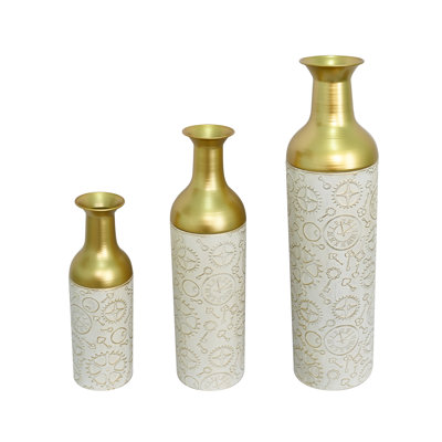 White and Gold Leaf Metal Floor Vase Set of 3 - Handcrafted 24, 28, 32 Inch Tall Decorative Vases