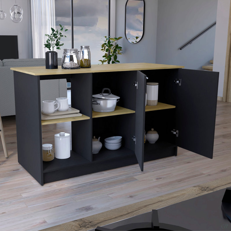 Juniper Kitchen Island With Large Top Surface, Double Door Cabinet, And Open Shelves, Black/Dark Walnut