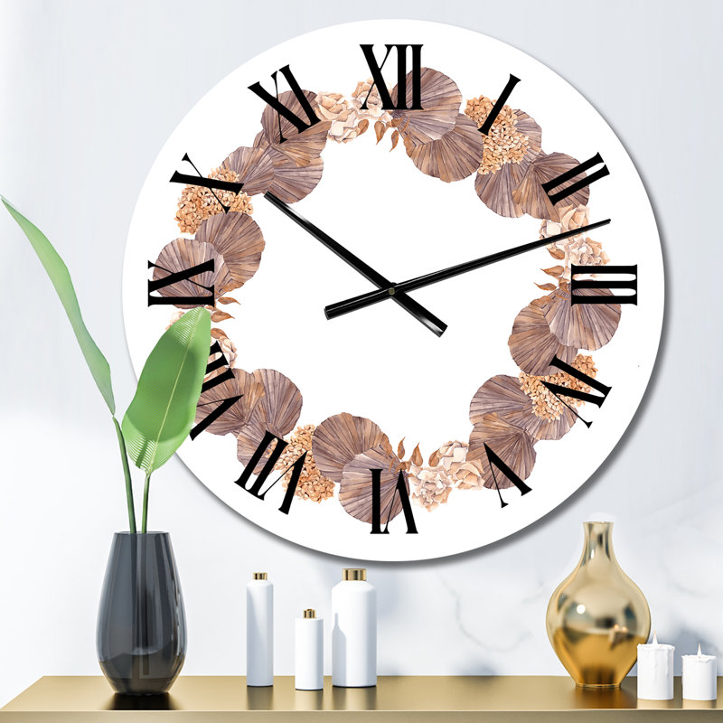 Couronne avec fleurs séchées, feuilles et herbe - Horloge murale traditionnelle, Petit