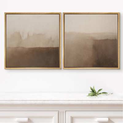Warm Earth Tone Abstract Landscape Framed Canvas Wall Art - Minimalist Set of 2 for Modern Living Room