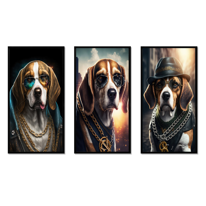 «Beagle Gangster In NYC», 3 pièces sur toile, Noir, H 20 po x l 36 po