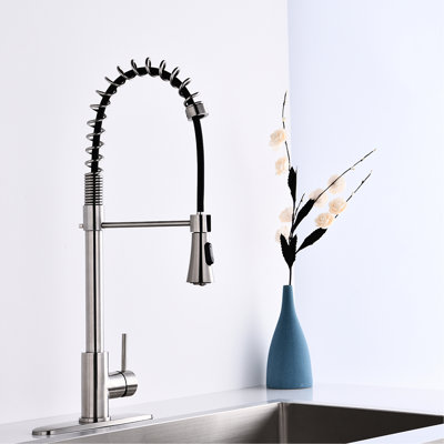 High Arc Kitchen Faucet In Brushed Nickel - Single Handle Spring, Pull Down , To Erosion And Chemicals Modern Stainless Steel Spring Arc, Strong