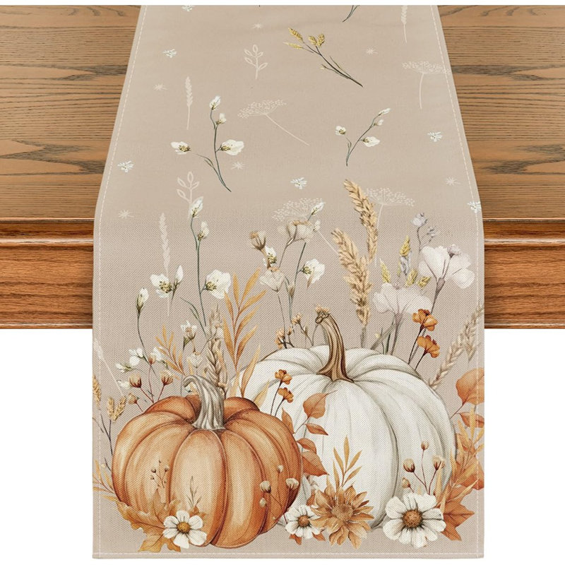 Pumpkins Leaves Flowers 210 GSM Fall Table Runner, Seasonal Autumn Kitchen Dining Table Decoration For Home Party Decor 13X72 Inch