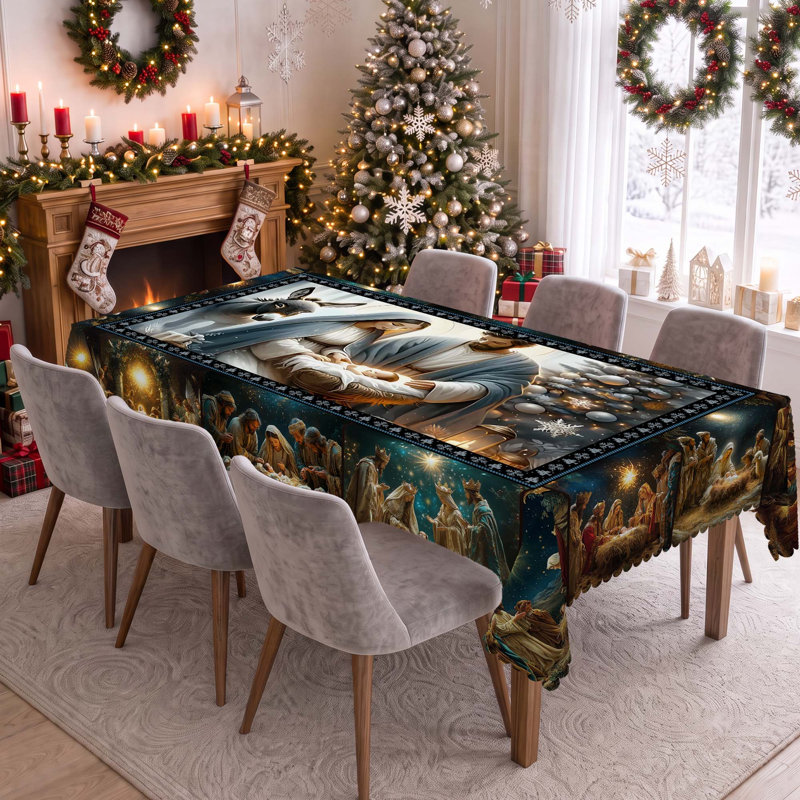Luxury Durable Christmas Jesus-Patterned Style Washable and Wipeable Polyester Tablecloth, 86" L x 60" W