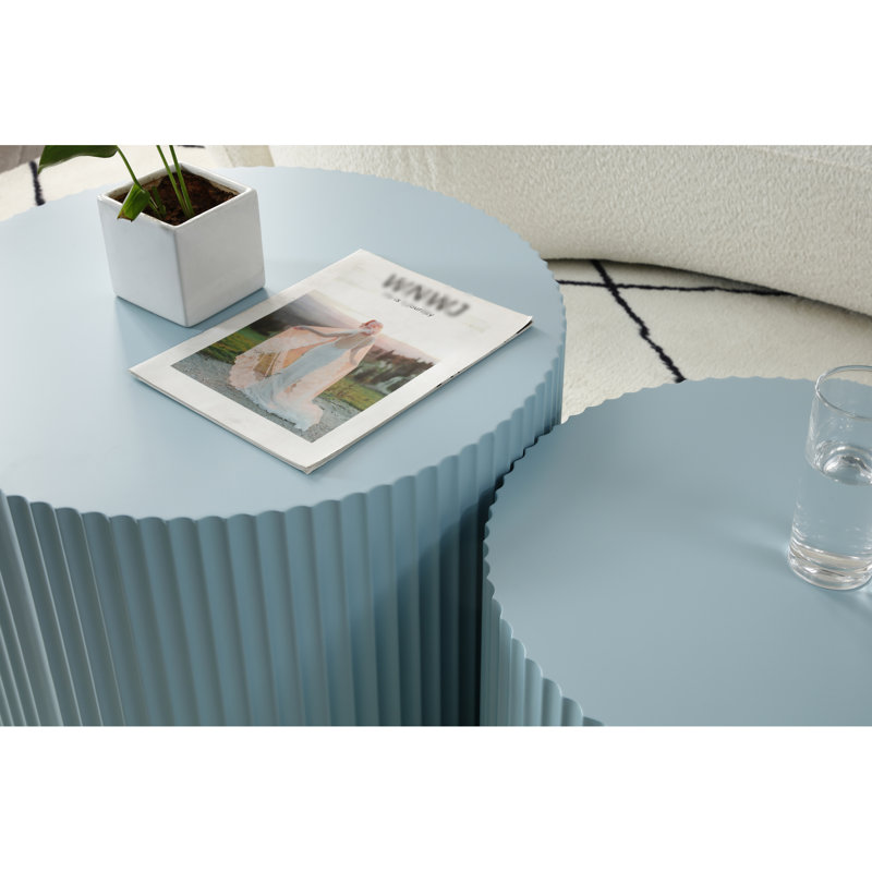 Table Handcraft de 2 pièces, table basse ronde bleue, style moderne, Bleu clair