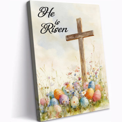 Easter Cross Canvas Wall Art, He Is Risen Prints Poster, Watercolor Easter Eggs Flowers Picture, Christian Religious Home Wall Decor Ready to Hang, 12×18 Inches