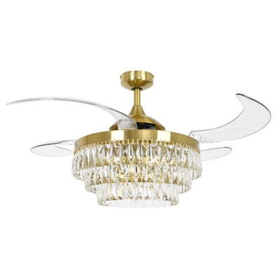 Veil 48" Retractable Blade Ceiling Fan with Light and Remote, Modern Fandelier Ceiling Fan, Patented Design Technology, Stronger Thicker Blades, Gold