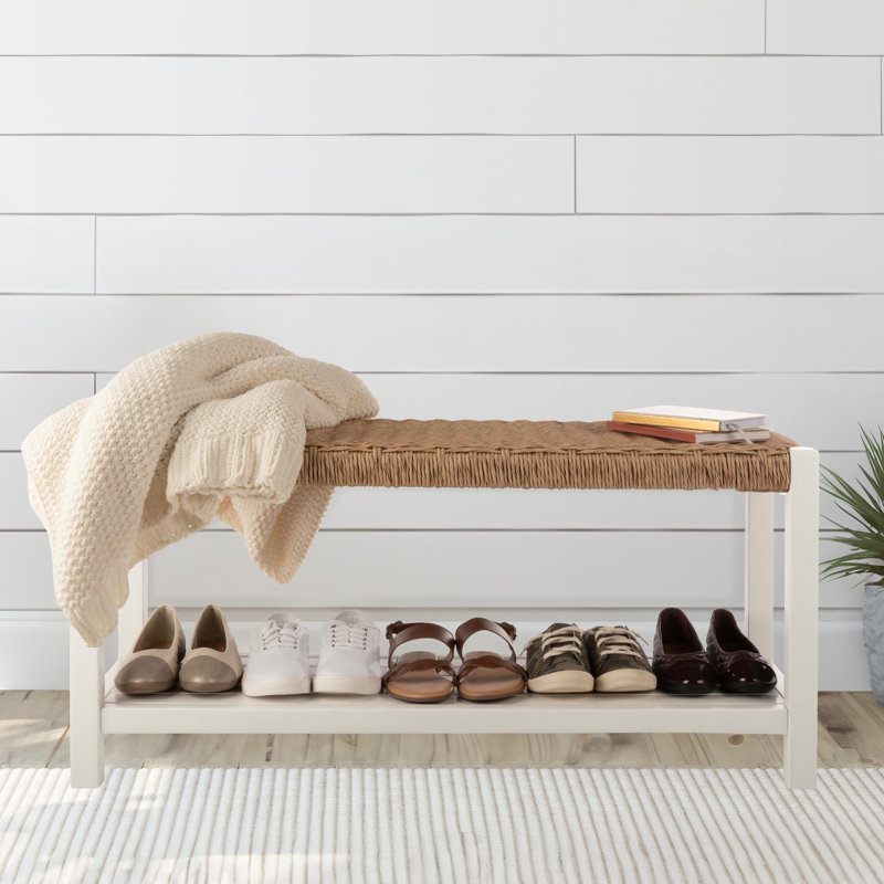 Alaterre Furniture Bench with Handcrafted Woven Rope Seat - Newport Collection 40-Inch Wood Bench with Storage Shelf for Entryway or Bedroom - Indoor Furniture (White)