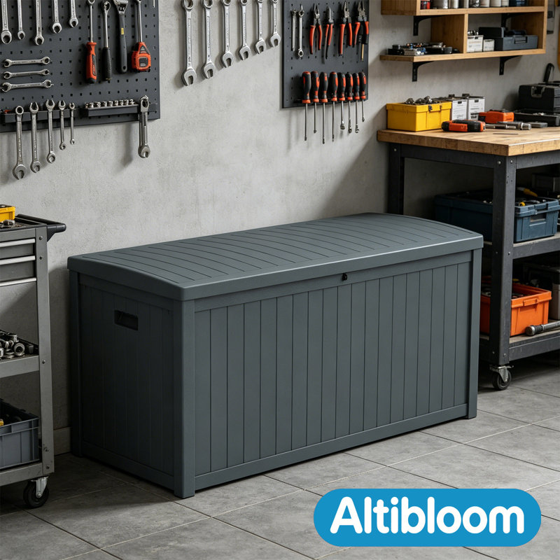 Altibloom 90 Gallon Water Resistant Resin Lockable Deck Box, Ideal For Garden Patio Furniture and Supplies, Gray