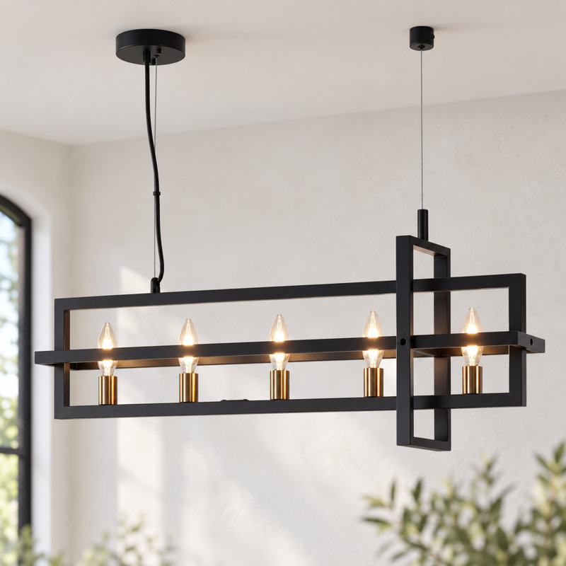 Suspension linéaire à 5 lumières Setser, intensité variable, avec structure géométrique en métal, noir et cuivre, pour îlot de cuisine