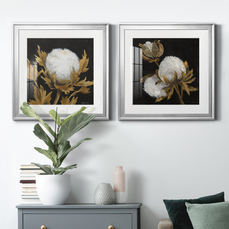 Cotton Balls I - Cadre photo, Encadrement argenté, Blanc, H 17,5 po x l 35 po x P 1,5 po