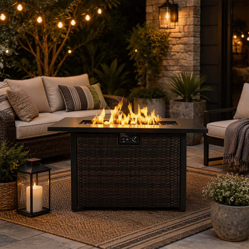 Table de foyer rectangulaire au propane de 112 cm (44 pouces), chauffage de terrasse extérieur 2 en 1 de 50 000 BTU avec pare-vent en verre trempé pour les fêtes dans le jardin et la cour arrière
