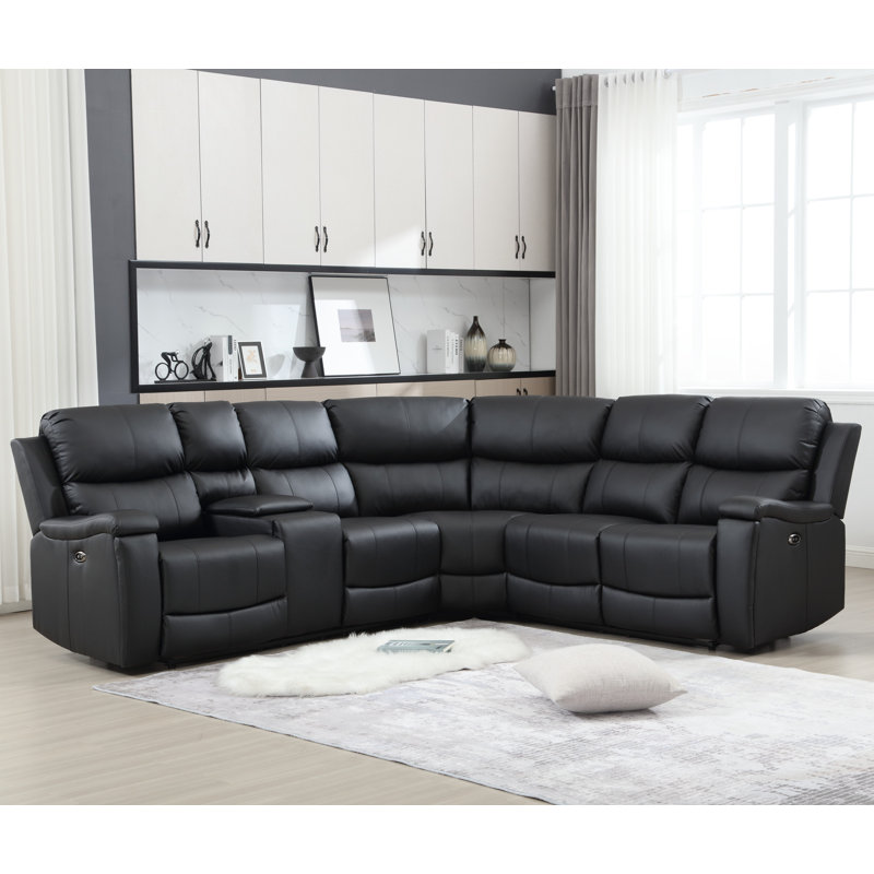 110" Wide Vegan Leather Power Reclining Sectional Sofa with Storage & Cup Holder, Midnight Performance Faux Leather