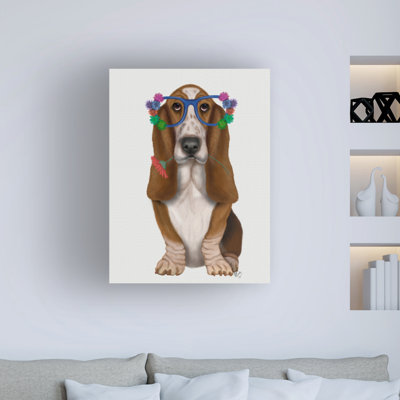 " Wrapped Canvas Wall Art - Fab Funky 'Basset Hound Flower Glasses' Wall Art For Living Room, Bedroom, Or Office Décor - 18x24 " by Fab Funky