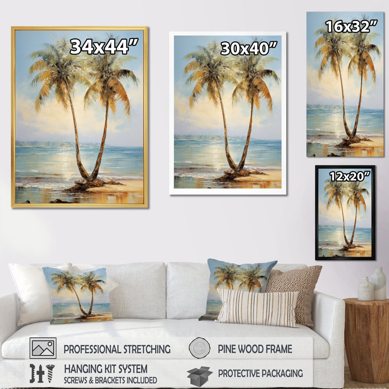 «Bronze Beach Sunny Palms Embrace», reproduction sur toile, Encadrement doré, H 20 po x l 12 po x P 1 po