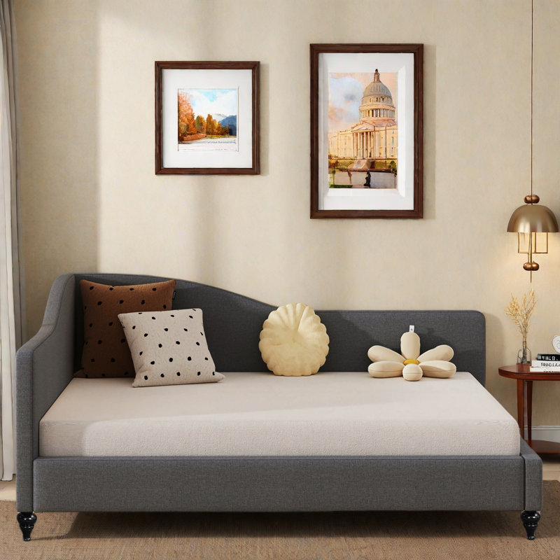 L-shaped Linen Daybed With Solid Wood Legs, Gray, Full/Double