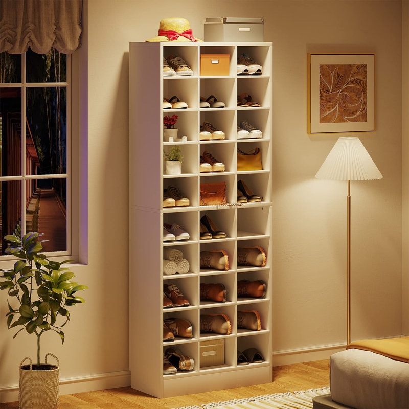 White 10-Tier Wooden Shoe Storage Cabinet with 30 Cubbies