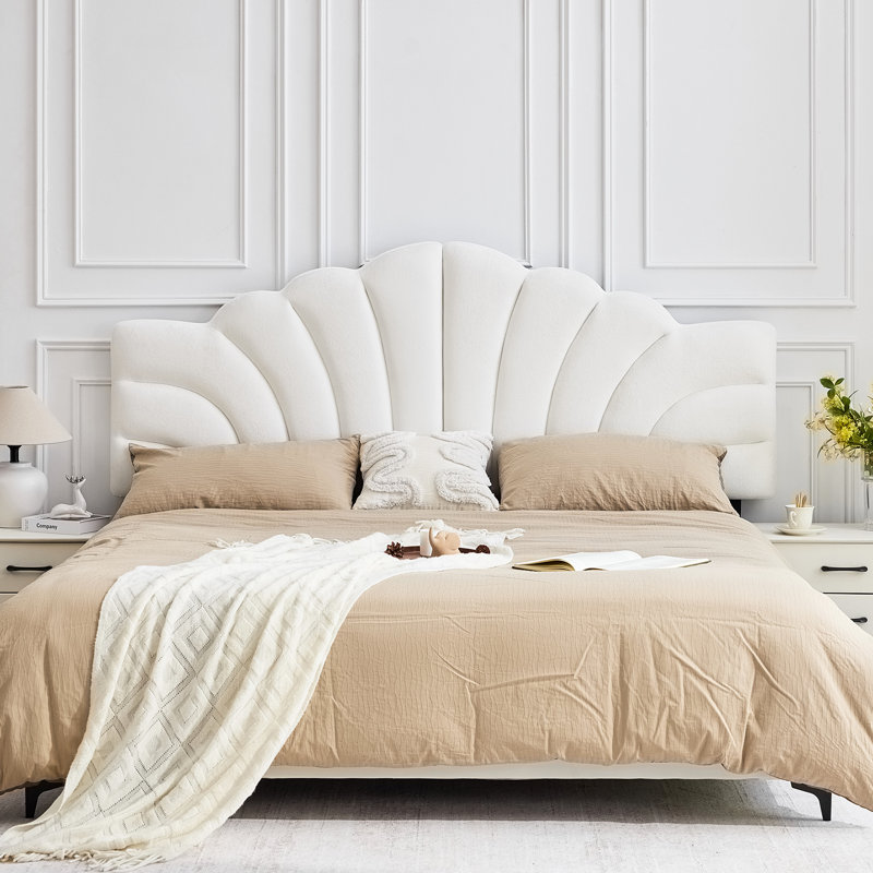 Petal-Shaped Tufted Upholstered Headboard Adjustable Height & Width Bed Head Backrest, Velvet White, King/ California King