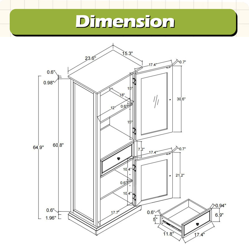 Armoire de rangement haute, armoire autoportante avec porte en verre et tablettes, armoire de rangement