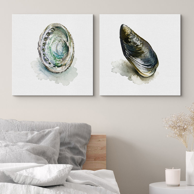 Abalone et coquille de moule, ensemble de 2 reproductions d'art encadrées sur toile encadrées bleu vert bord de mer