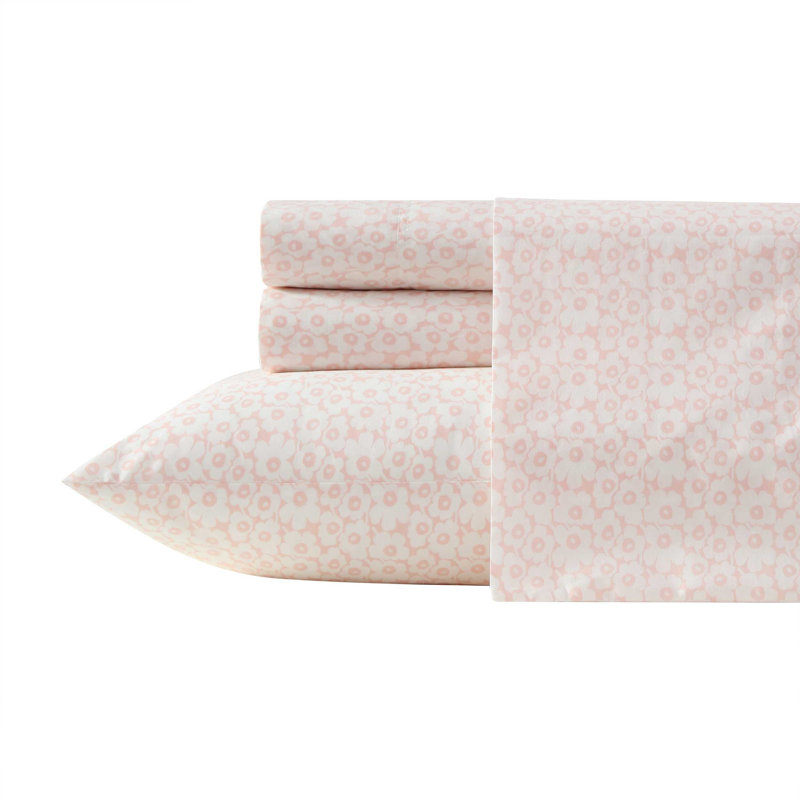 Mini Unikko 200 Thread Count 100% Cotton Sheet Set, Queen Sheet Set with 2 Standard Pillowcases, Pikkuinen Unikko Pink