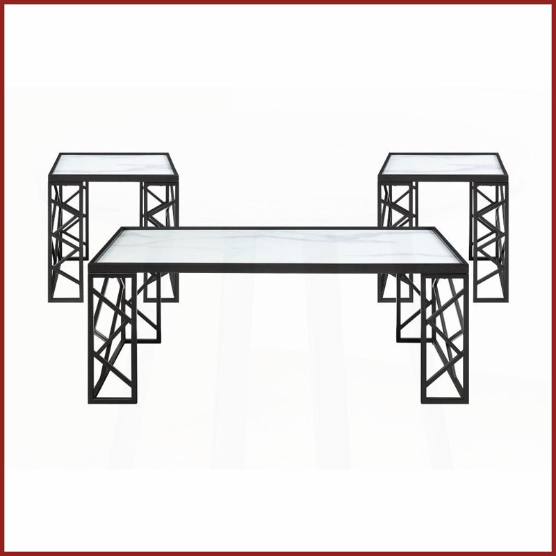 Ensemble de tables basses 3 pièces Modern avec plateau en marbre blanc Cadre en métal noir pour le salon, facile à nettoyer et amp; Assemblage simple