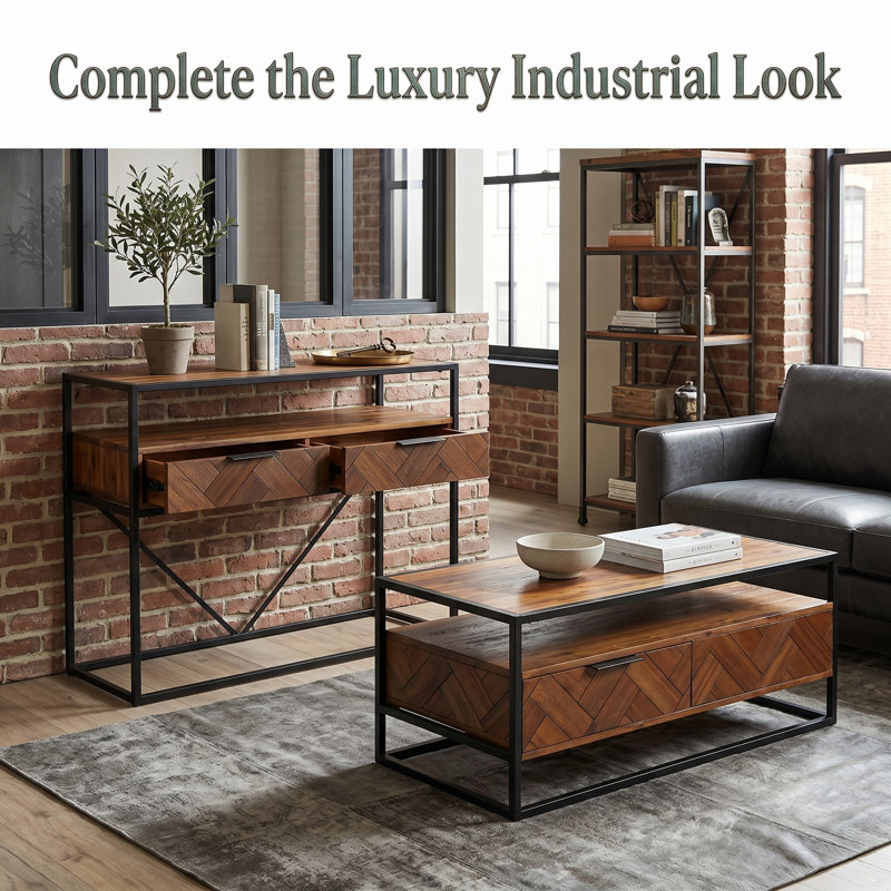 Hadaway Solid Acacia Wood Coffee Table with Storage - Dual-Sided Drawers Industrial Center Table - Herringbone Modern Farmhouse