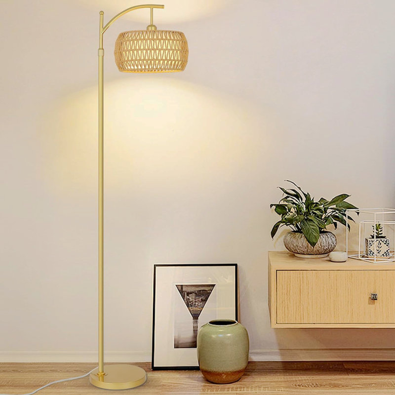 65"H Arc Floor Lamp With Remote & Stepless Dimmable Bulb, Bohemian LED Floor Lamp With 3 Color Temperatures And Rattan & Fabric Shades, Farmhouse Tall Lamp Pole Light For Living Room, Bedroom