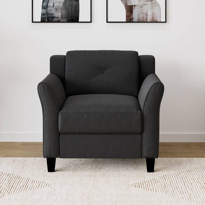 Fauteuil à dossier capitonné et à accoudoirs courbes de 33,9 po Lourdez, Microfibre noire / microsuède