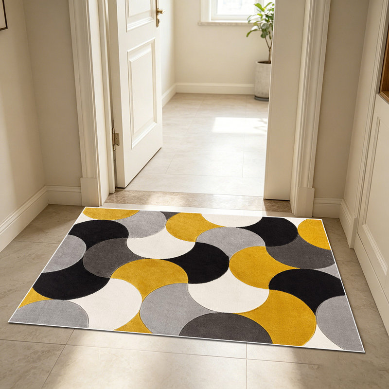 1PC Modern Geometric Overlapping Circle Pattern in Mustard Yellow, Black, Grey and Off-White area rugs for Living Room, Soft and Comfortable, Suitable for all seasons, easy-to-maintain, machine washable Indoor floor mat, Under Table Farmhouse...