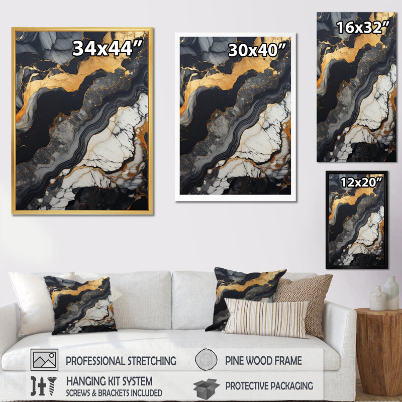 Minimalisme chrome doré et poteries noires III - reproduction sur toile, Cadre doré simple, H 40 po x l 30 po x P 1,5 po