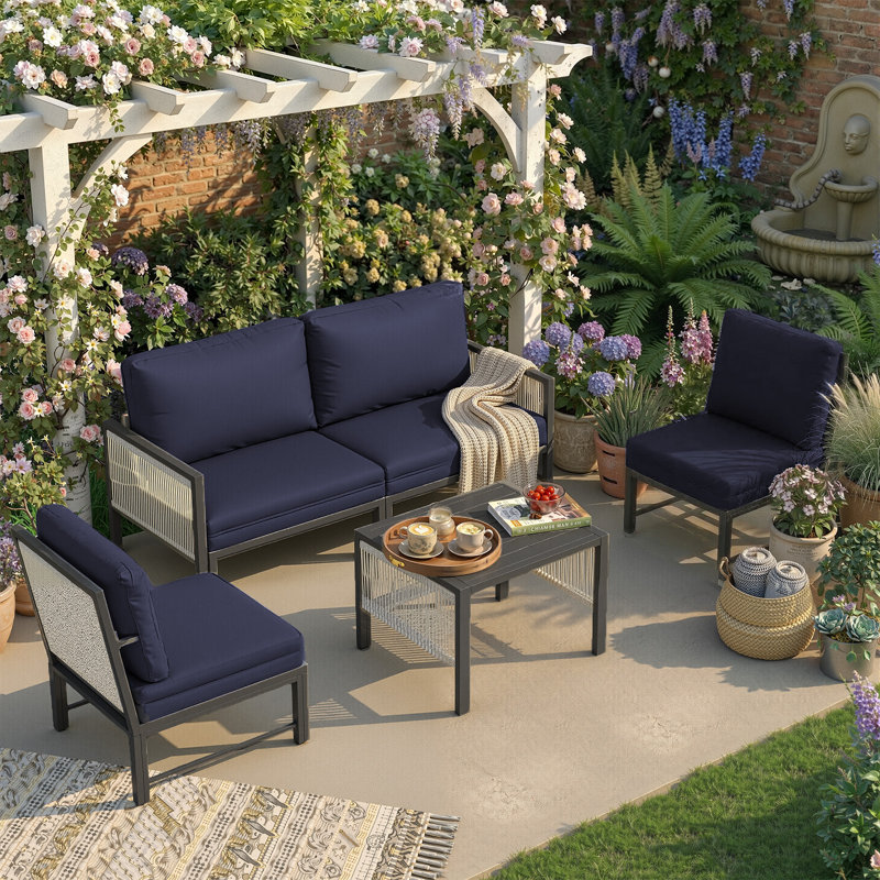 Outdoor Garden Furniture Set With Retractable Single Chair Loveseat Patio Sofa Coffee Table Weather Resistant Lounge Set For Garden Patio Balcony & Poolside