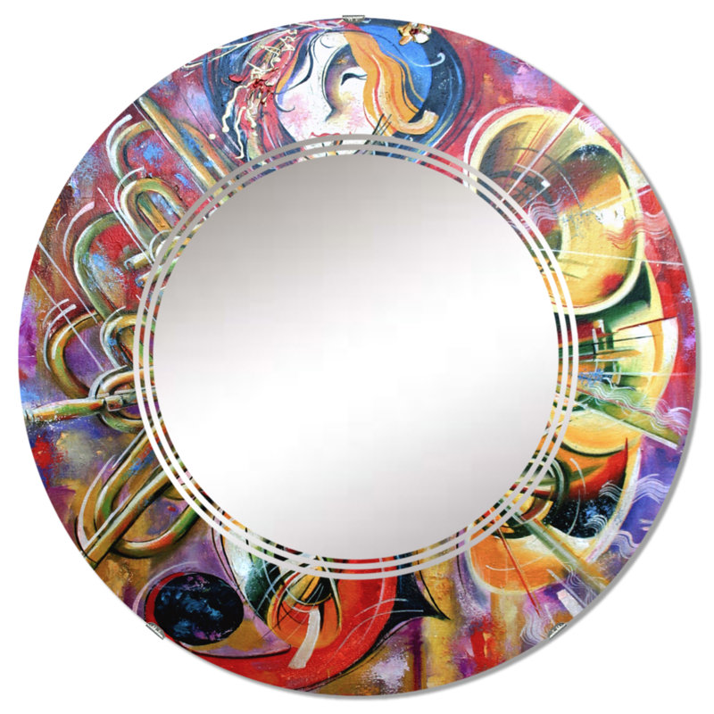 Abstrait impression musicale multicolore - miroir mural bohémien et éclectique rond, 32 po x 32 po
