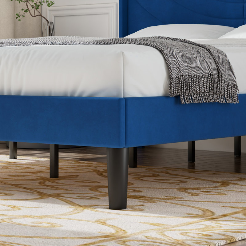 Queen Size Velvet Bed Frame with Wingback Headboard, Upholstered Platform Bed with Wing Side Channel Tufted Headboard, Solid Wooden Slats Support, No Box Spring Needed, Noise Free, Dark Blue