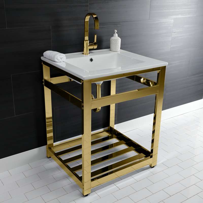 Lavabo de salle de bain console en céramique avec trop-plein, Blanc / laiton poli, Simple