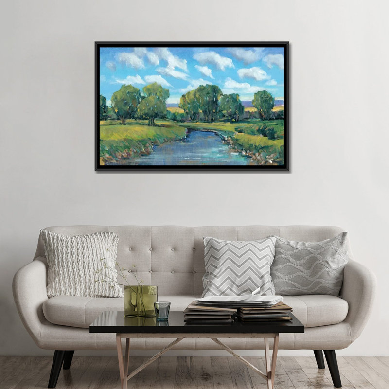 « lazy river day ii », reproduction sur toile, H 18 po x l 26 po x P 1,5 po, Toile avec cadre noir, Pas de tapis